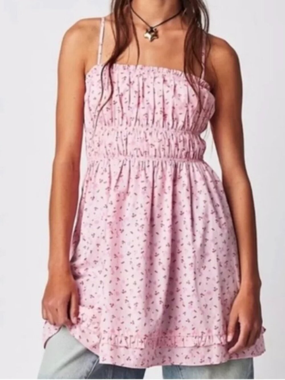 Free People Gabby Mini Dress Pink Cherry Print Size XS Boho Cottagecore Smocked - Picture 4 of 16